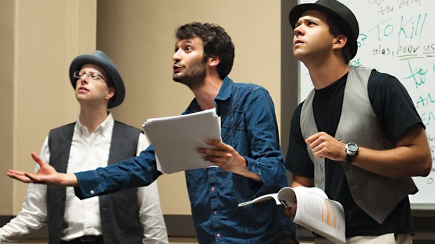 Guildenstern (Jen Drouin), Hamlet (David Bolus), and Rosencrantz (Jonathan Hinnen)