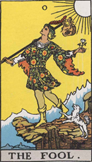 The Fool tarot card from the classic Rider-Waite tarot deck. It shows a man at the edge of a cliff with waves of water rising above the sides.