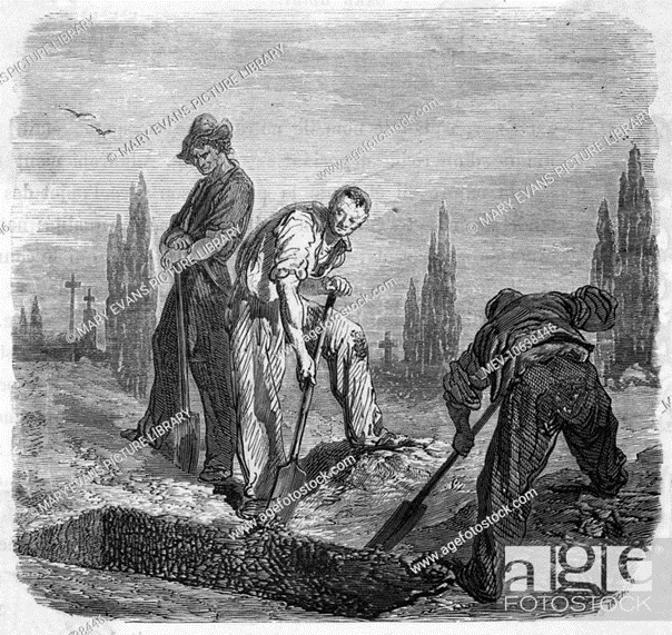 Black and White painting of three gravediggers

