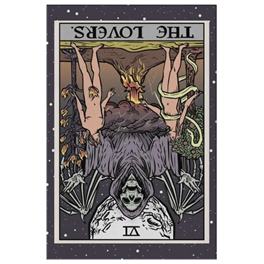 “The Lovers” tarot card from the Ghoulish Garb’s Terror Tarot deck. It depicts a skeletal, reaper-like figure over a man with devil-like features and a woman wrapped by a snake next to an apple tree (Adam and Eve and the forbidden fruit)