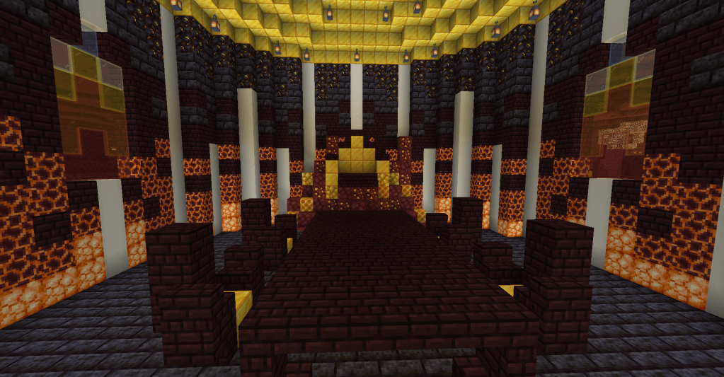 Interior of the castle. A tall table has 2 chairs to either side (4 total), and at the far end is a throne of gold, protruding up from the floor as if it grew there. To the left and right walls are stained glass windows, red at the bottom that transitions upwards to blue at the top.