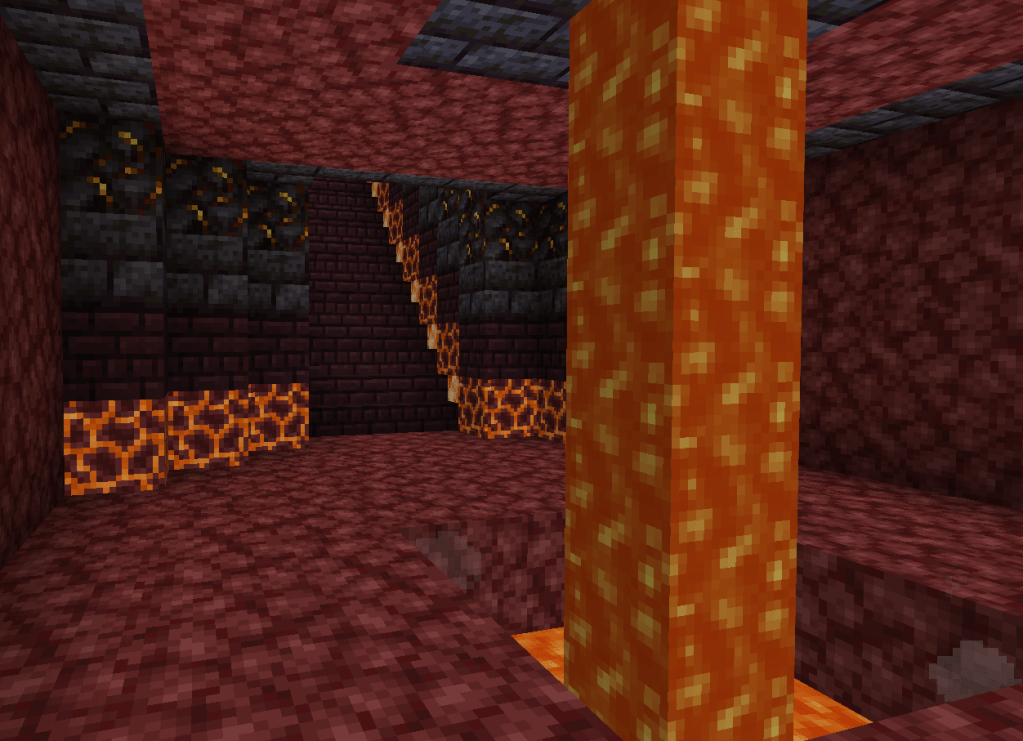 a square room with lava flowing down in the center of it, from the roof into a pit in the floor. Stairs ahead lead upwards out of the room.