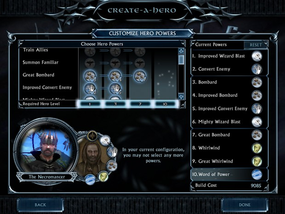 Another in-game photo of customizing hero's powers in Battle for Middle Earth: Rise of the Witch King
