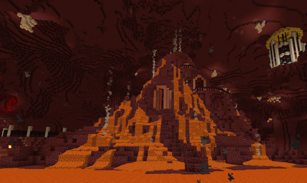 A volcano in the nether of Minecraft. Copper block doors are carved in the sides in between lava flows, and smoke rises from it. a gold-roofed building is visible on a ledge to the far right, away from the volcano