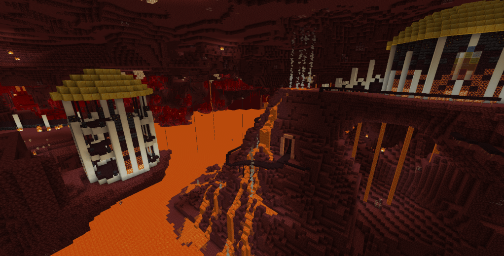 To the left on a ledge is a gold-roofed building that has 3 levels, a watchtower. The lava lake in front of the volcano is seen, with chains reaching into it from the ceiling of the vast nether cavern. the back of the volcano creates a large arch with a flat top on which the castle sits just behind the smoking crater, and below that arch, evenly-spaced falls of lava pour straight down, giving the illusion of supporting pillars.