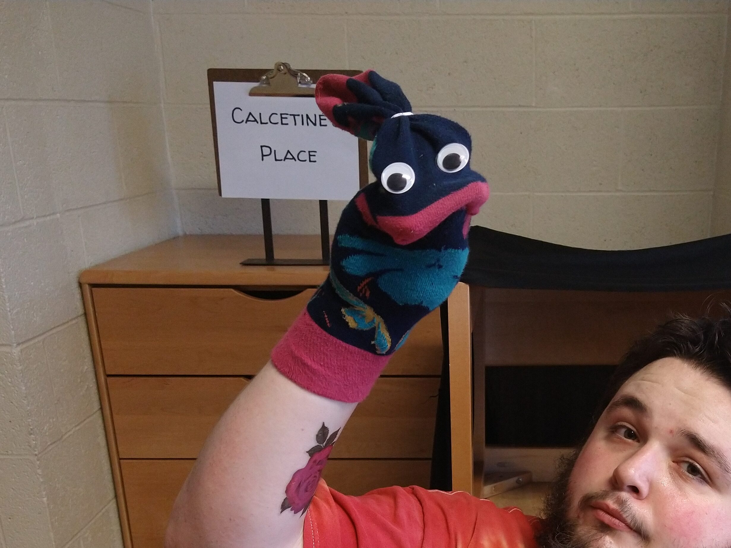 Long colorful sock with large googley eyes and the closed end of the sock secured with a bread-tie to look like a ponytail. The sock is in front of a sign that says "Calcetine's Place".