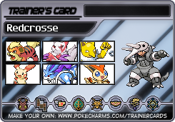 A Pokemon trainer card of Redcrosse Knight. It features Growlithe, Zangoose, Hypno, Plusle, Suicune, and Victini.