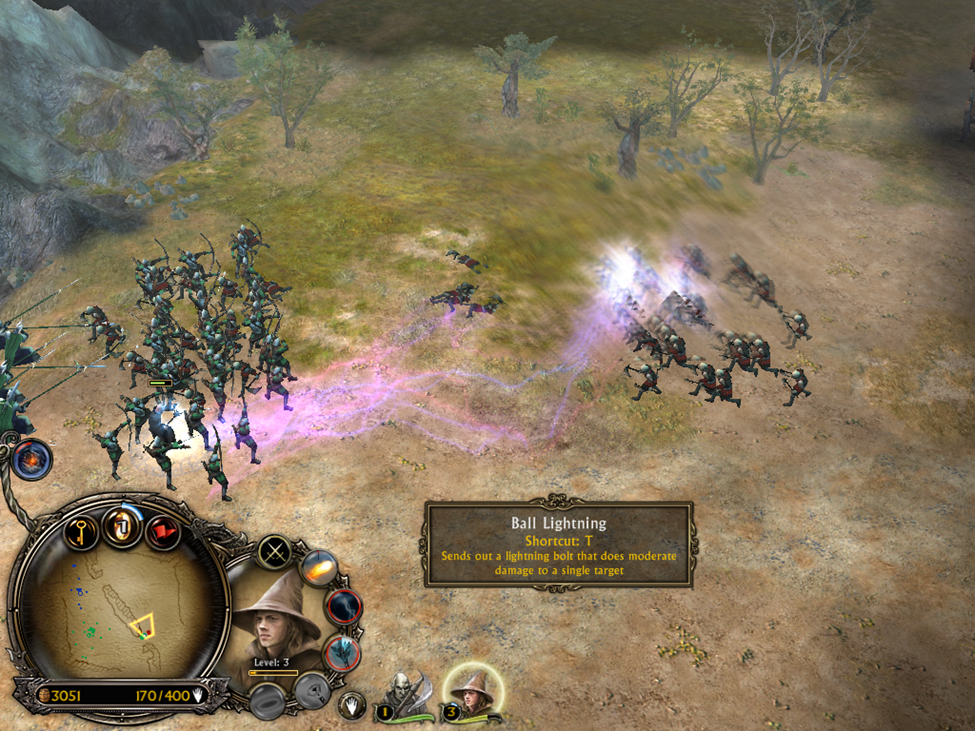 In-game image of Battle for Middle Earth hero casting lightning