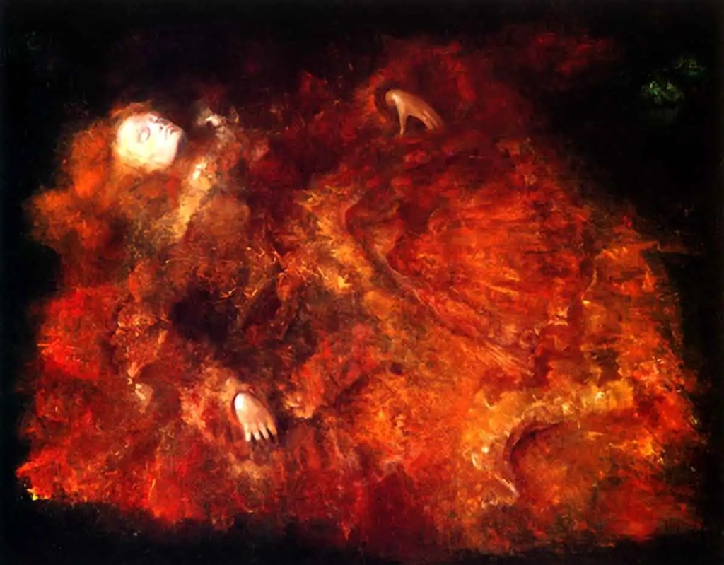 Ophelia from the play Hamlet in a dress bathed in fire. 